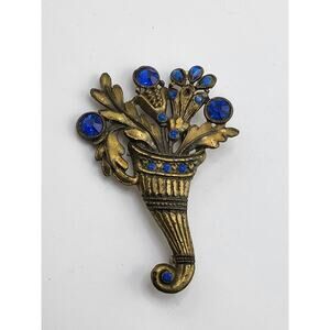 Vintage Blue Rhinestone Cornucopia Brooch Gold Tone Floral Horn of Plenty